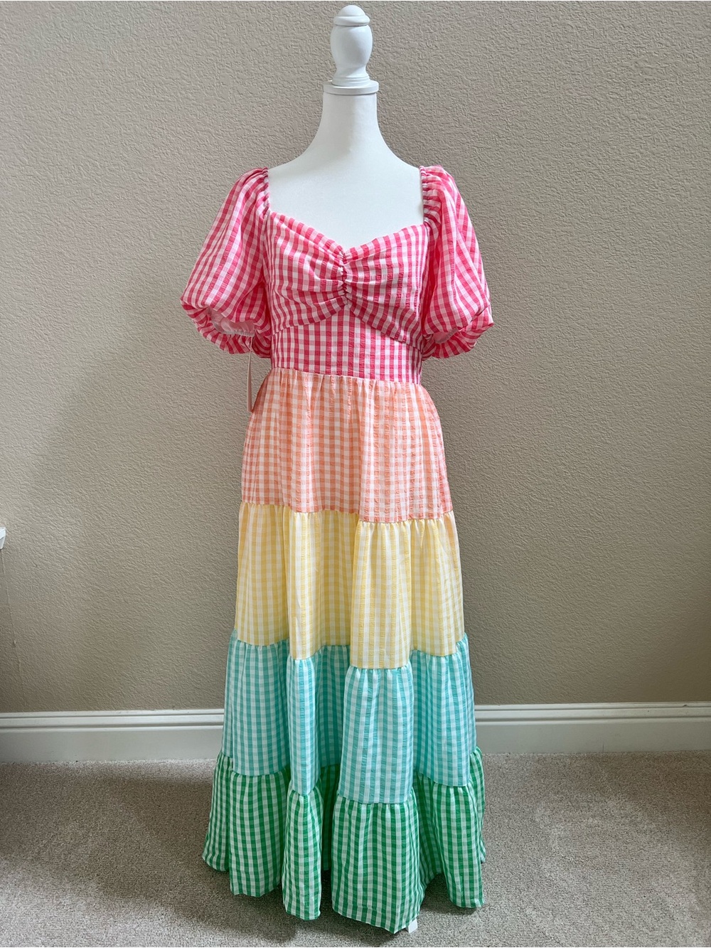 NWT English Factory Gingham Tiered Maxi Dress - Peach, Yellow, Aqua, Green - Picture 1 of 7